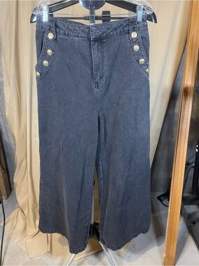 Free Market High-Rise Wide Leg Jeans with Gold Metallic Button Details - Black